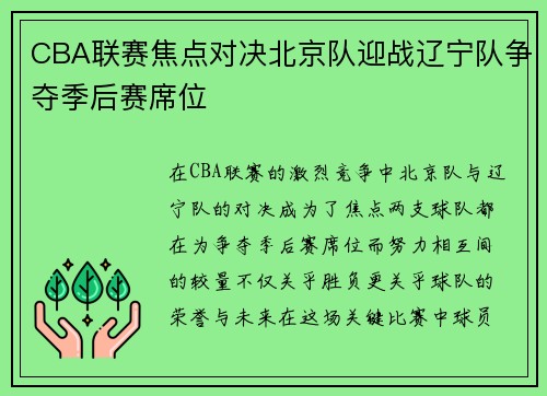 CBA联赛焦点对决北京队迎战辽宁队争夺季后赛席位